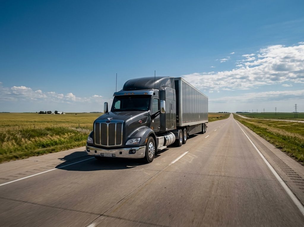 Dedicated interstate freight truck driving on American Midwest highway