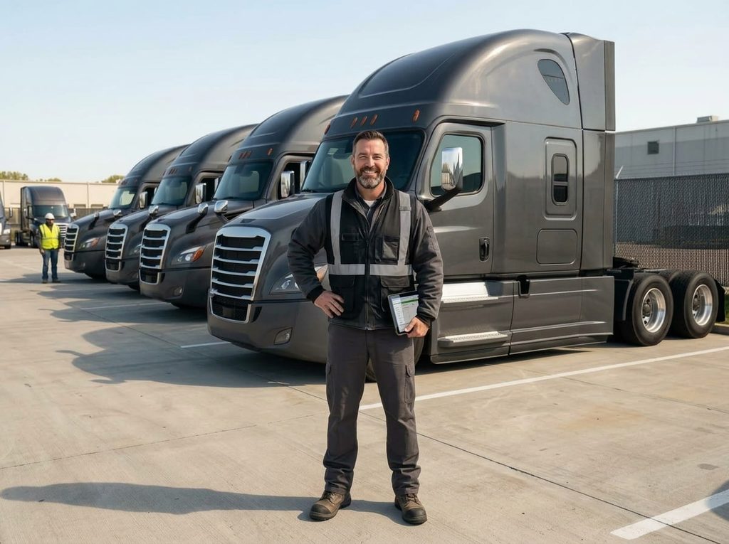 Professional CDL driver standing next to Excalibur Global Freight truck