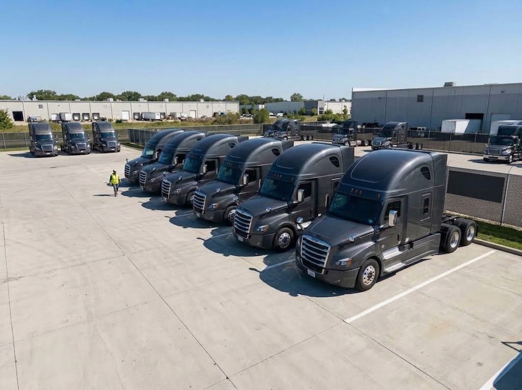 Excalibur Global Freight truck fleet parked in Illinois facility yard