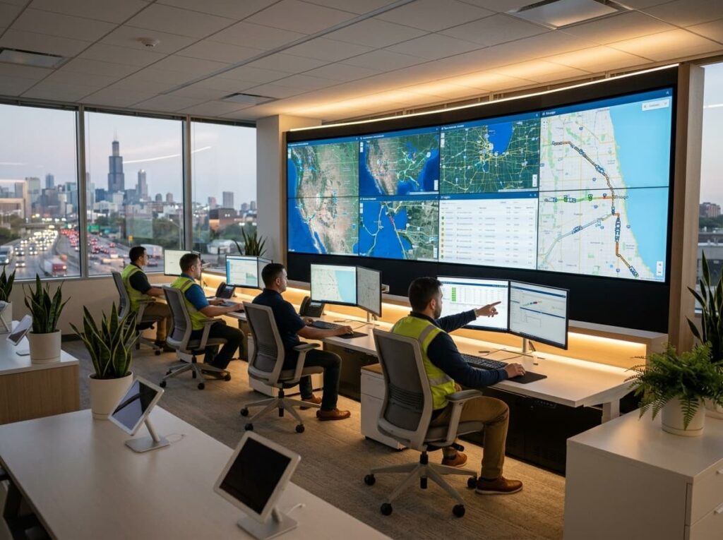 Logistics dispatch center monitoring Excalibur Global Freight trucks